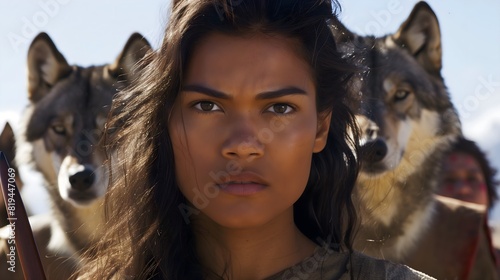 A beautiful Native American woman holding two wolves in the background, fantasy art style, digital painting