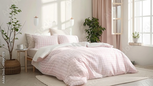 light pink and white gingham duvet cover in modern bedroom, home decor photography, detailed, high resolution