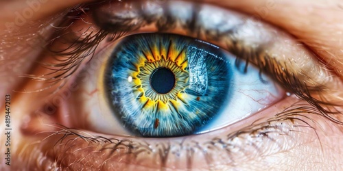 Closeup of an eye with a blue and yellow iris, showing the detailed structure inside it.