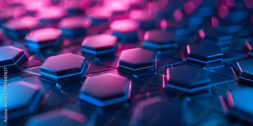 Closeup of the carbon material structure, showcasing its hexagonal geometric pattern with neon blue and pink lighting effects.