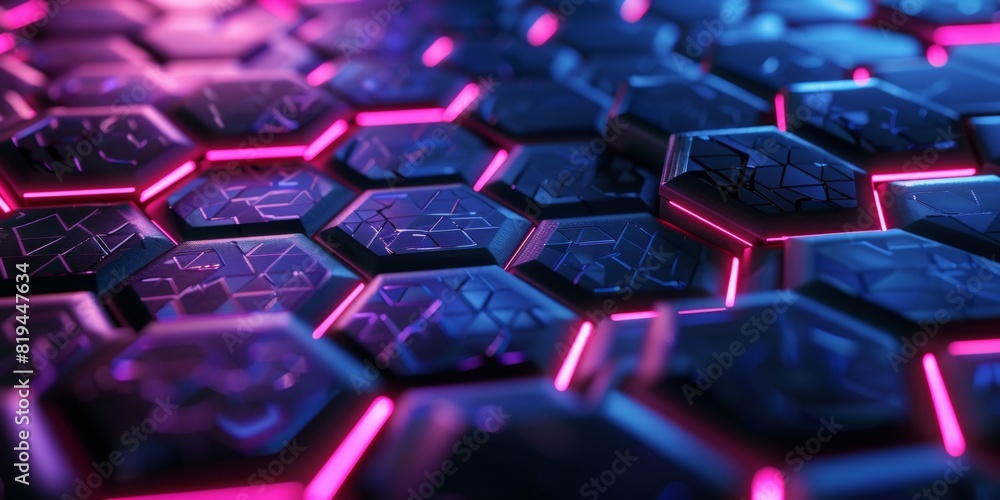 Fototapeta premium Closeup of the carbon material structure, showcasing its hexagonal geometric pattern with neon blue and pink lighting effects.