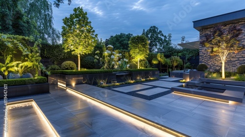 Modern garden design with illuminated planters and wall lights at night, contemporary landscape architecture, high resolution photography.