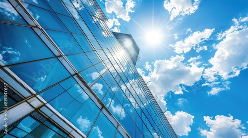 Modern glass office building with blue sky and clouds in background  architecture of business center or corporate headquarter company at daytime  contemporary exterior design concept.