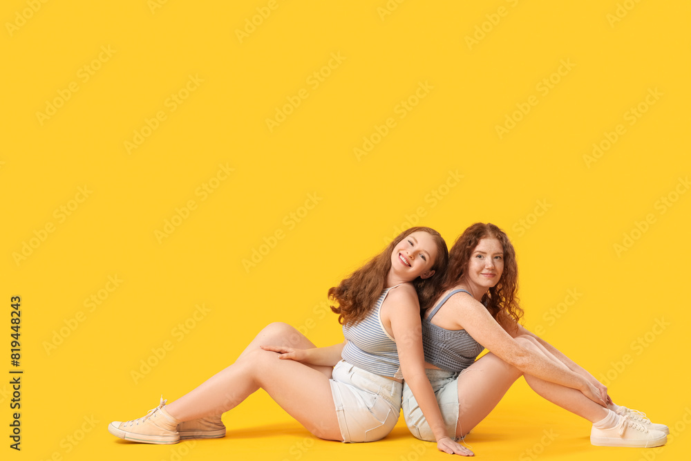 Happy redhead sisters sitting on yellow background Happy redhead sisters sitting on yellow background
