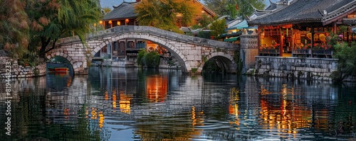 Canal Boat Rides Showcase the unique experience of canal boat rides in Lijiang Old Town with images of visitors cruising along ancient waterways, passing under stone bridges, and admiring the reflecti photo