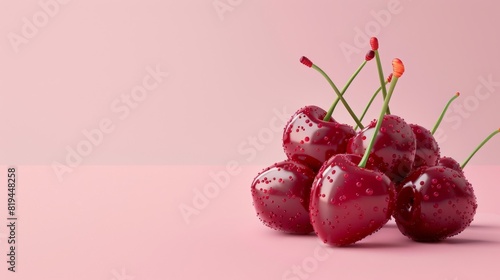 Cherries, a photorealistic illustration against pastel pink background with copy space for text or logo, beautifully illuminated by studio lighting