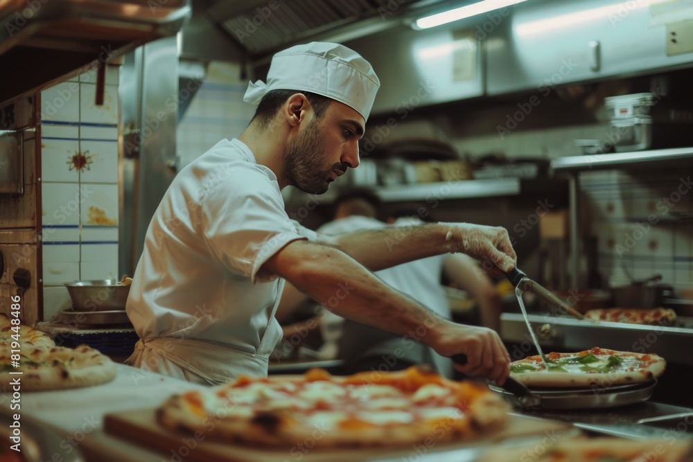 The chef Man smiling at a table with pizza, plant, and cheese in front of him