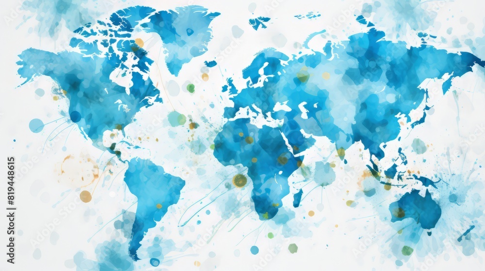A blue watercolor map of the world is depicted on a white background in ...