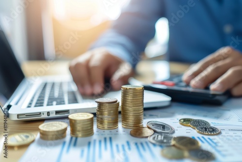 A businessman fiddles with charts and photographs of coins on a wooden table, representing financial growth concepts, digital graphic text and an arrow above the dollar sign to represent an interest c