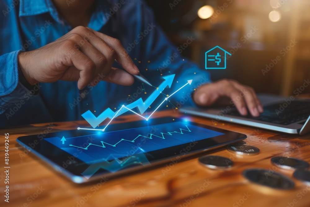 The concept of business growth with coins and graphs, in a flat lay composition on a wooden table, with a businessman using a laptop in the background, The concept of business growth with coins and graphs, in a flat lay composition on a wooden table, with a businessman using a laptop in the background,
