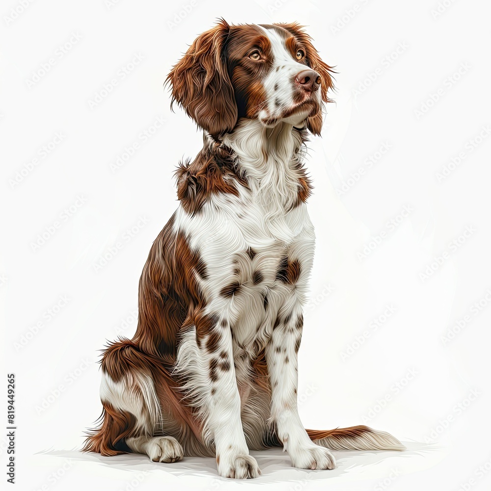 photorealistic brittany Dog sitting,front view full body, montage photography