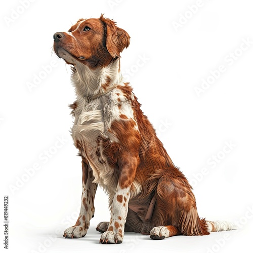 photorealistic brittany Dog sitting,front view full body, montage photography photo
