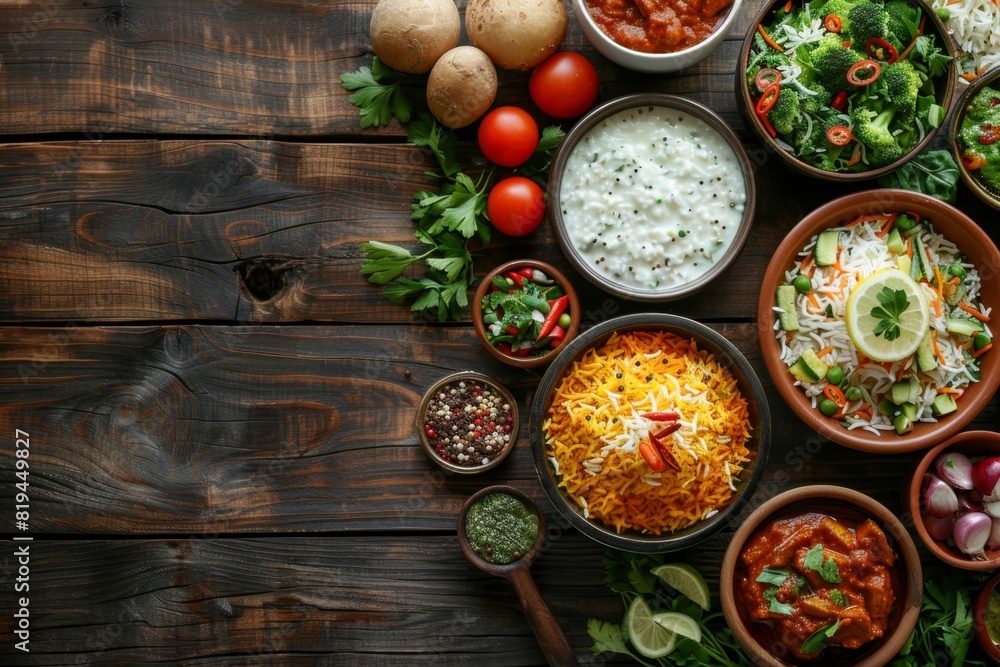 Rustic Kitchen Table with Biryani, Raita, and Salad

