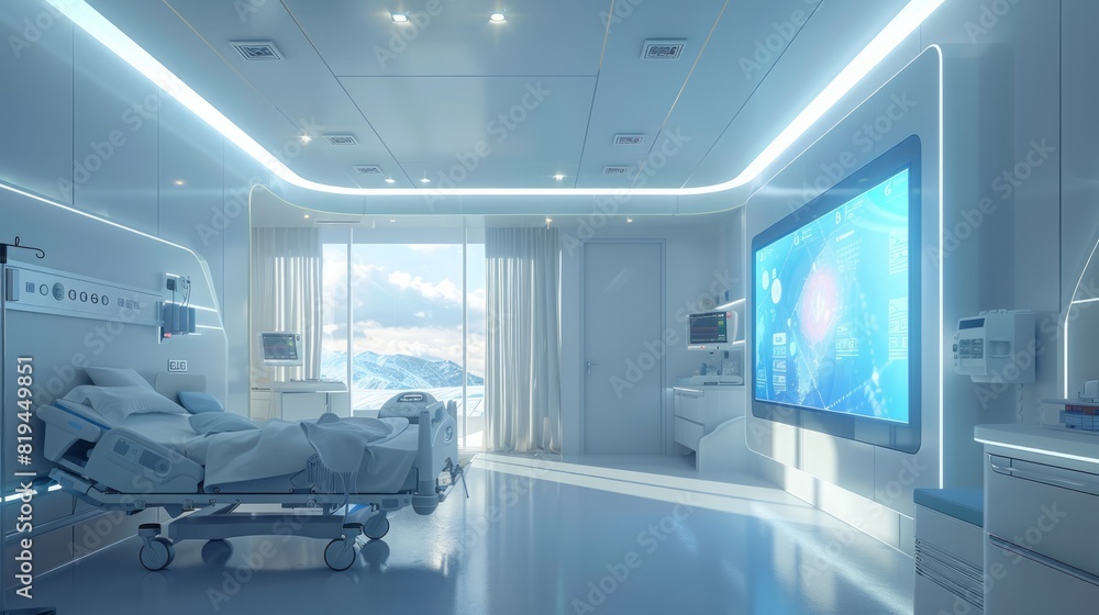 HD depiction of a smart hospital room with integrated voice control systems for patient comfort and engaging entertainment options. HD depiction of a smart hospital room with integrated voice control systems for patient comfort and engaging entertainment options.