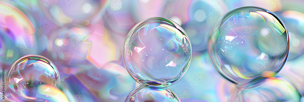 iridescent holographic soap bubbles, pastel rainbow colors, generative AI