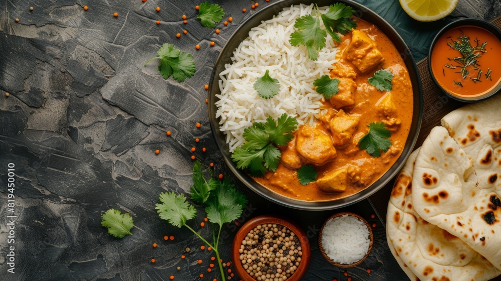 Cozy Kitchen Background with Basmati Rice, Chicken Curry, and Naan Bread
Cozy Kitchen Background with Basmati Rice, Chicken Curry, and Naan Bread