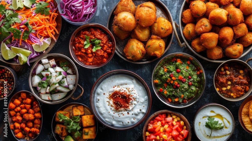 Vibrant Street Food Background with Aloo Tikki, Yogurt, and Chaat Masala
Vibrant Street Food Background with Aloo Tikki, Yogurt, and Chaat Masala