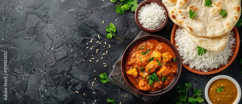 Cozy Kitchen Background with Basmati Rice, Chicken Curry, and Naan Bread


