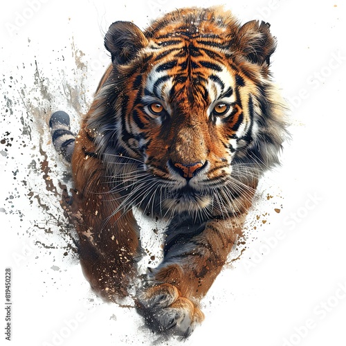 photorealistic tiger full body side angle view, from a Japanese stippling line work smoke, dynamic motion top down, white background