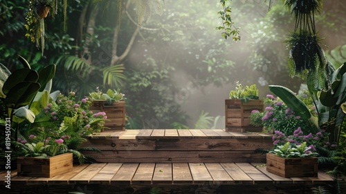 photo of an empty wooden stage with wood boxes and plants  with forest background  misty greenery  hanging ivies  ferns  flowers  stage lighting  mockup photography  ultra realistic