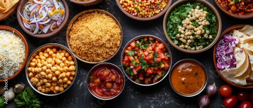 Busy Street Food Market Background with Pani Puri  Sev  and Tamarind Sauce  