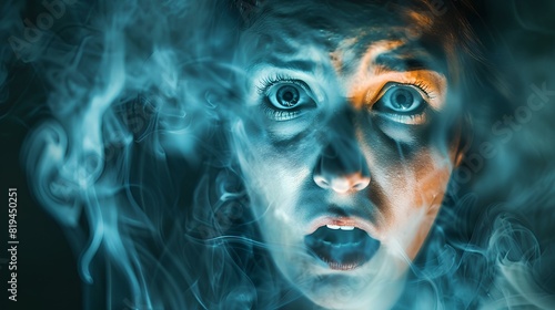Close-up of a woman's terrified face, wide-eyed and open-mouthed, surrounded by eerie, swirling smoke in dim light.