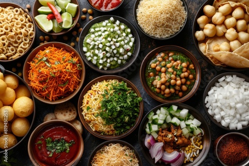 Busy Street Food Market Background with Pani Puri, Sev, and Tamarind Sauce