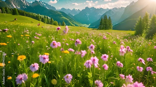 Meadow with Pasque Flowers in Front of the Karwendel Alps, Austria photo