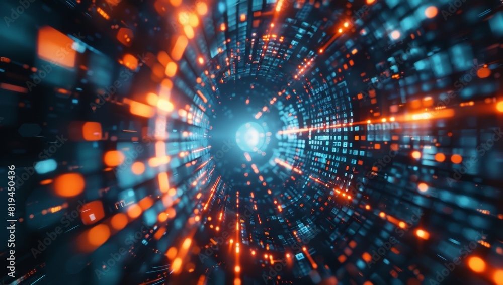 Digital data flows through the center of an abstract digital space composed of cubes and squares, with a dark blue background, red light effects on one side, and an orange glow in front. Digital data flows through the center of an abstract digital space composed of cubes and squares, with a dark blue background, red light effects on one side, and an orange glow in front.