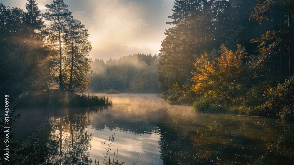 Serene misty forest lake at sunrise, surrounded by trees, reflecting calm water
