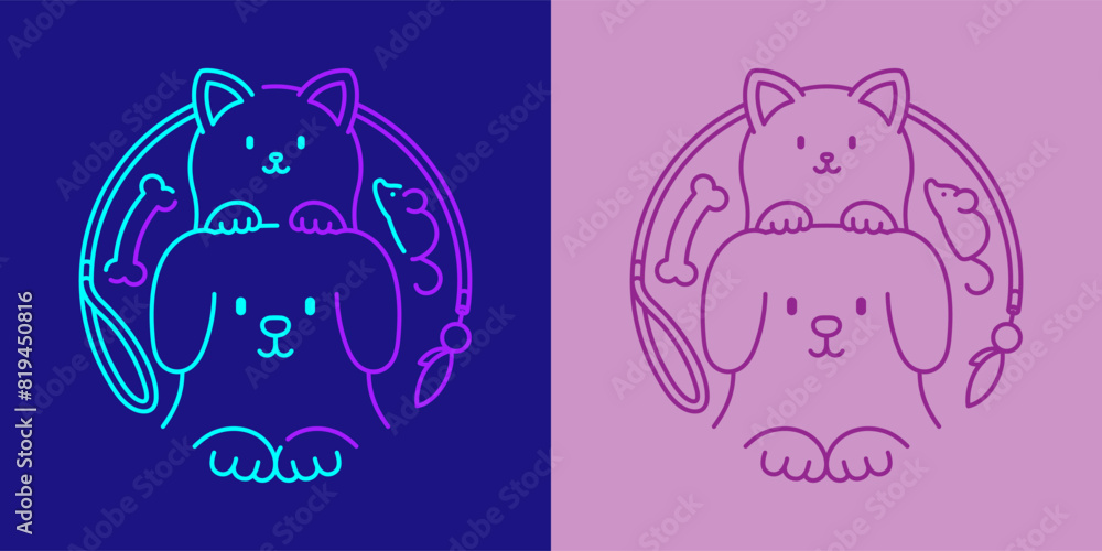 Pet shop logo dog and cat, bone, fish in circle frame shape by dog leash and cat teaser wand icon editable stroke dash line doodle design minimal illustration on dark blue and violet background Pet shop logo dog and cat, bone, fish in circle frame shape by dog leash and cat teaser wand icon editable stroke dash line doodle design minimal illustration on dark blue and violet background