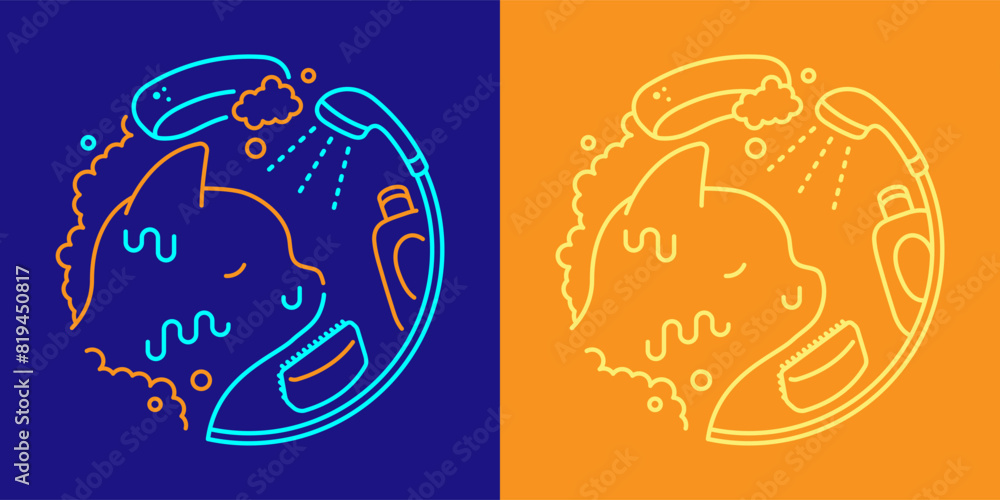 Pet shop grooming logo Cat, shampoo, sponge, hairbrush and bubble in circle frame shape by shower icon editable stroke dash line doodle design minimal illustration isolated dark blue background Pet shop grooming logo Cat, shampoo, sponge, hairbrush and bubble in circle frame shape by shower icon editable stroke dash line doodle design minimal illustration isolated dark blue background