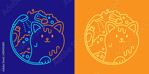 Pet shop grooming logo Cat shampoo sponge and bubble in circle frame shape by shower icon editable stroke dash line doodle design minimal illustration isolated 2 tones dark blue background