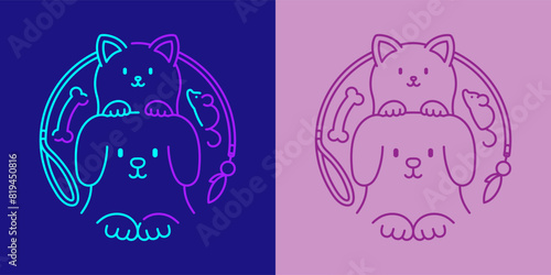 Pet shop logo dog and cat, bone, fish in circle frame shape by dog leash and cat teaser wand icon editable stroke dash line doodle design minimal illustration on dark blue and violet background