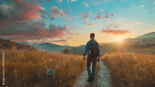 Person hiking on trail during sunset with scenic landscape