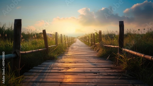 Serene wooden pathway surrounded by lush grass at sunset