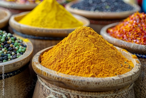 Vibrant Spice Market Background with Turmeric, Cumin, Coriander, and Chili Powder