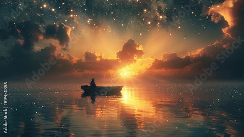 Lone boatman rows on serene sea at sunset under starry sky photo