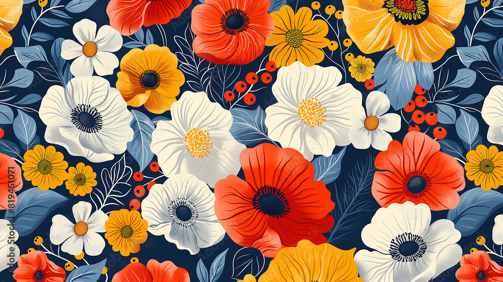 Trendy seamless vector floral pattern, A repeating floral pattern with colorful blooms in pink, orange, and yellow Trendy seamless vector floral pattern, A repeating floral pattern with colorful blooms in pink, orange, and yellow