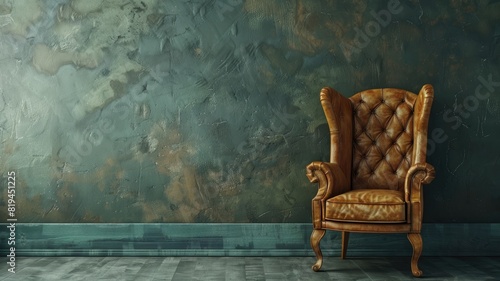 Vintage leather armchair against textured wall in empty room