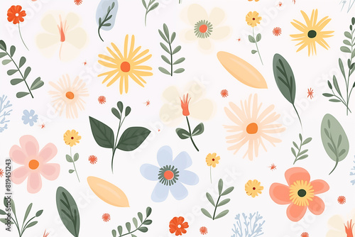 Seamless pattern with colorful wildflowers on a white background. Floral summer or spring botanical background photo