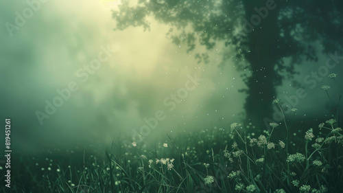 Foggy forest with lush greenery and white flowers bathed in soft light