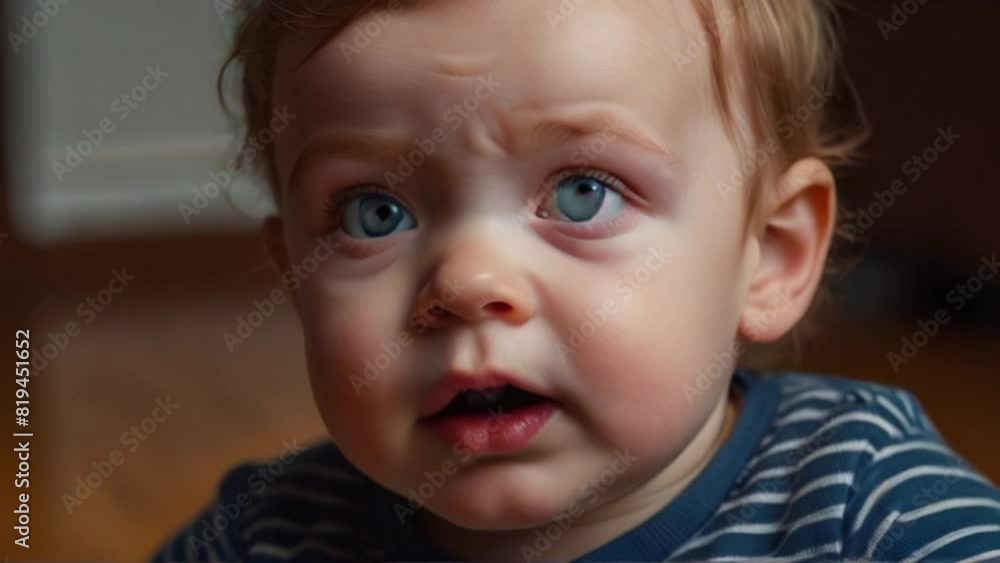 A baby with blue eyes is crying. The baby is wearing a blue striped shirt A baby with blue eyes is crying. The baby is wearing a blue striped shirt