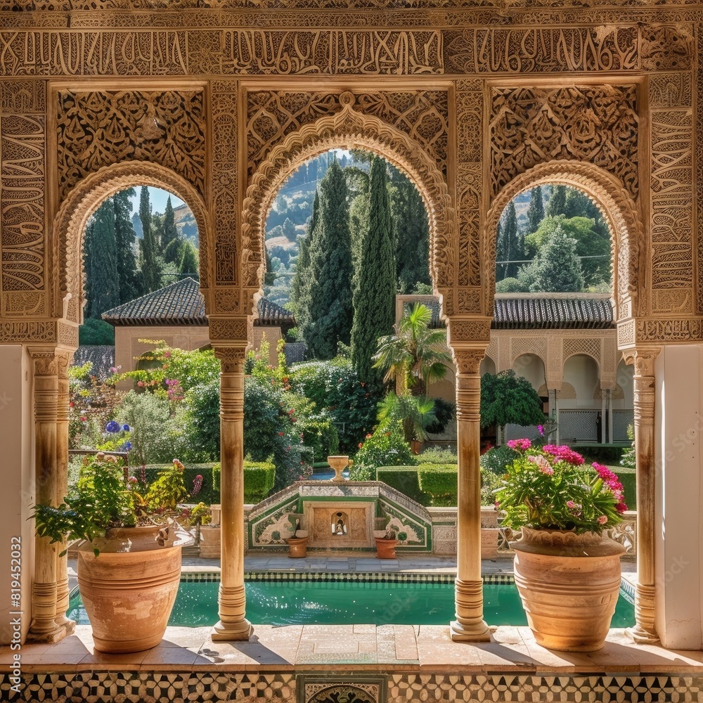 Photo of the Alhambra gardens in Granada, Spain with the carved wooden windows and flower pots on the walls, a pool and greenery on a sunny day.