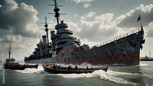 AI image generate of a warship being towed by a tug boat photo