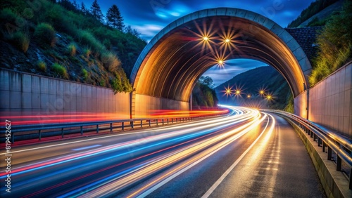  Light trails on highway with tunnel at night