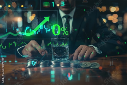 A businessman fiddles with charts and photographs of coins on a wooden table, representing financial growth concepts, digital graphic text and an arrow above the dollar sign to represent an interest c