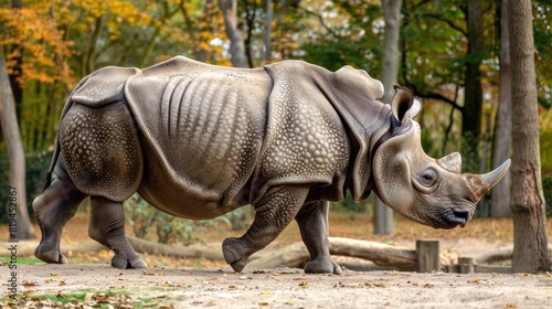 A rhino is walking through a forest