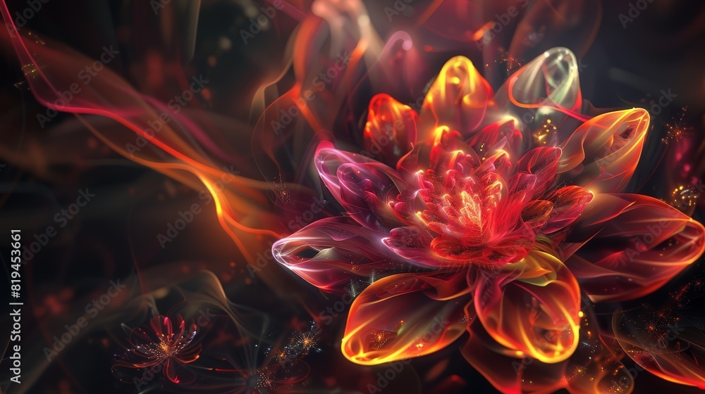 In the language of light, a symbolic flower blooms, its fiery fractal tendrils reaching out with an aura of dynamism. In the language of light, a symbolic flower blooms, its fiery fractal tendrils reaching out with an aura of dynamism.