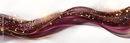An abstract wavy background in burgundy and gold, with luxurious multicolor blur bokeh lights over a white background.